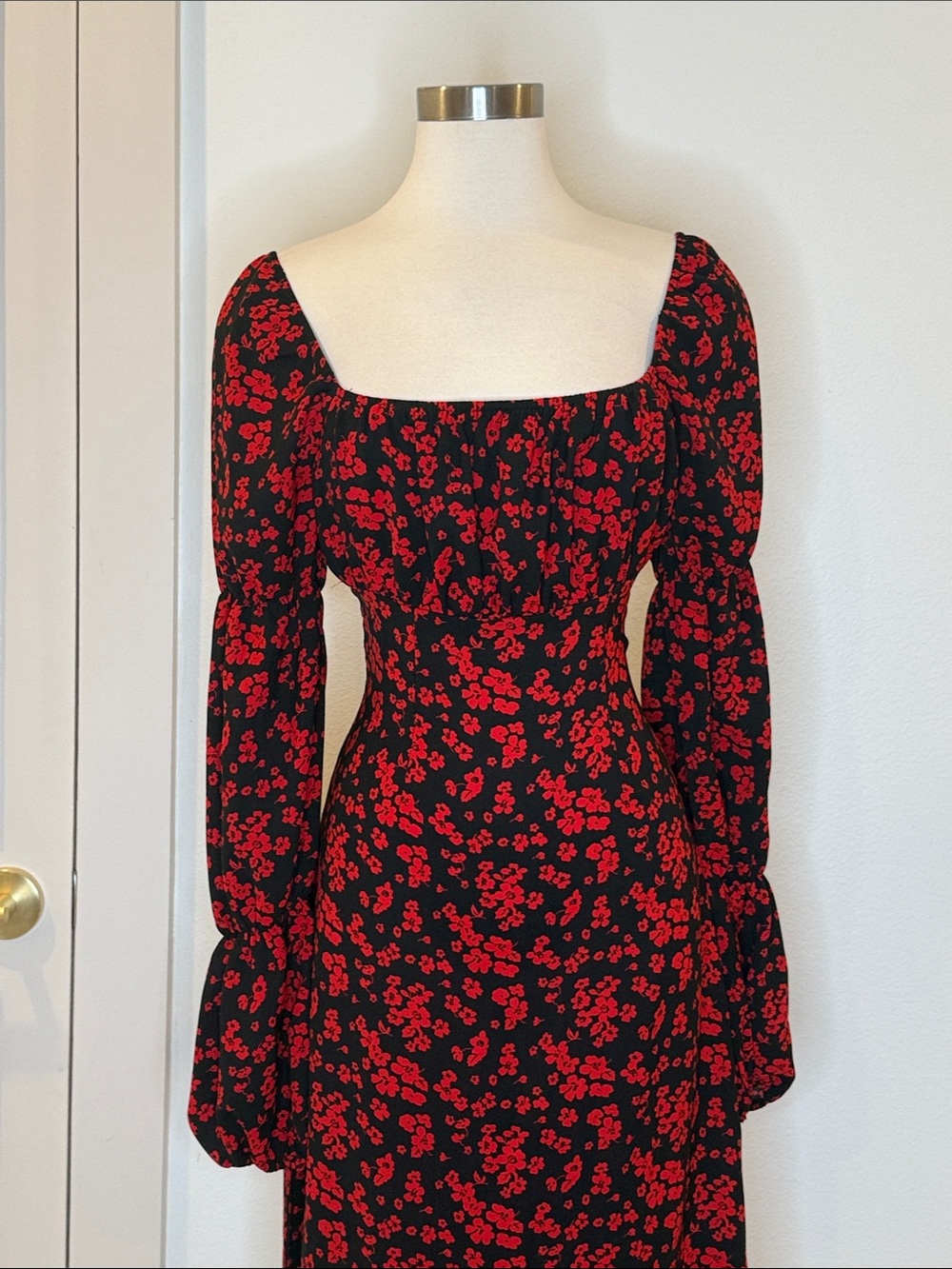 Missguided Black Dress with Red Floral Print Square Neck